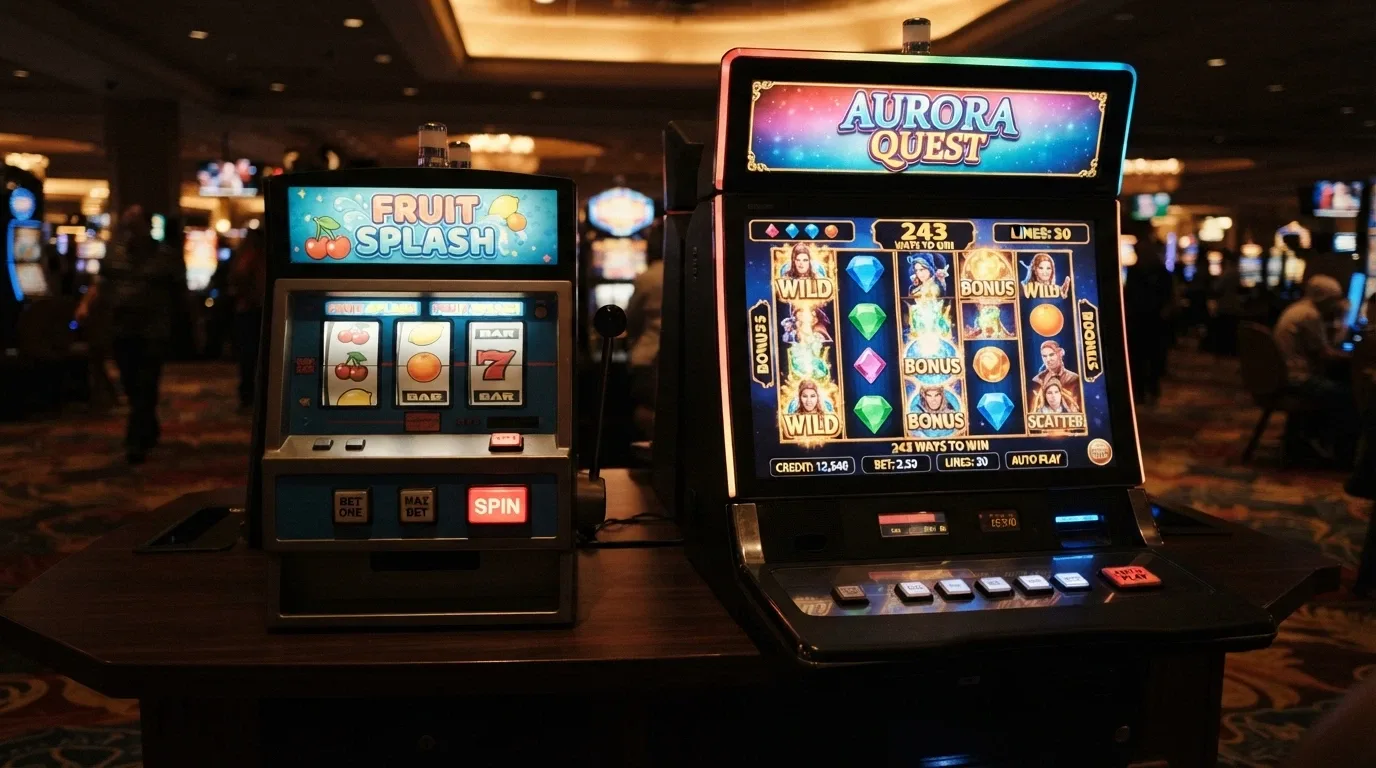 Side-by-side comparison of a three-reel classic pokie screen and a five-reel video slot with bonus animations
