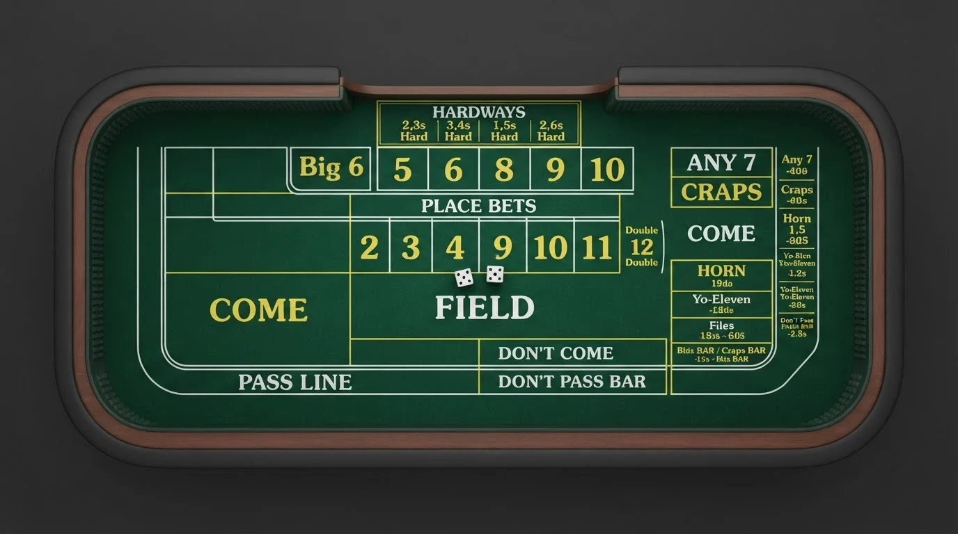 A top-down illustration of a standard online craps table layout with the pass line, field, come and place-bet zones labelled in Australian English