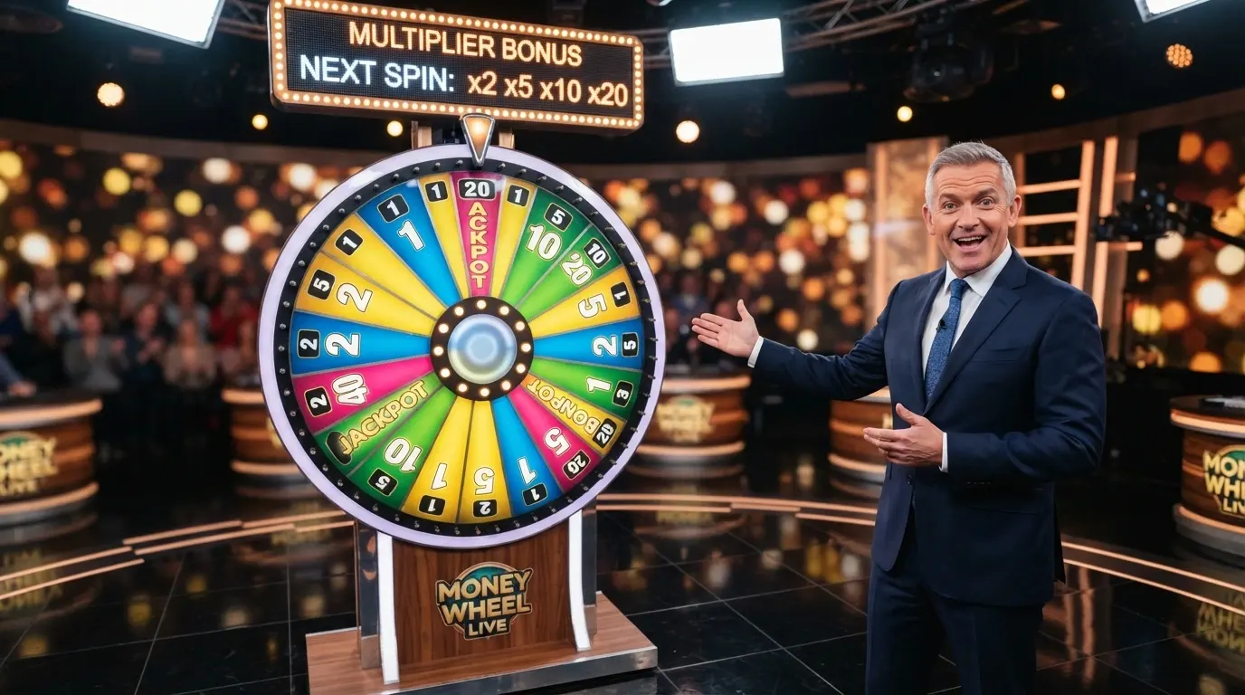 The Crazy Time money wheel in a brightly lit Evolution studio with a game presenter standing beside the wheel and a digital multiplier display overhead