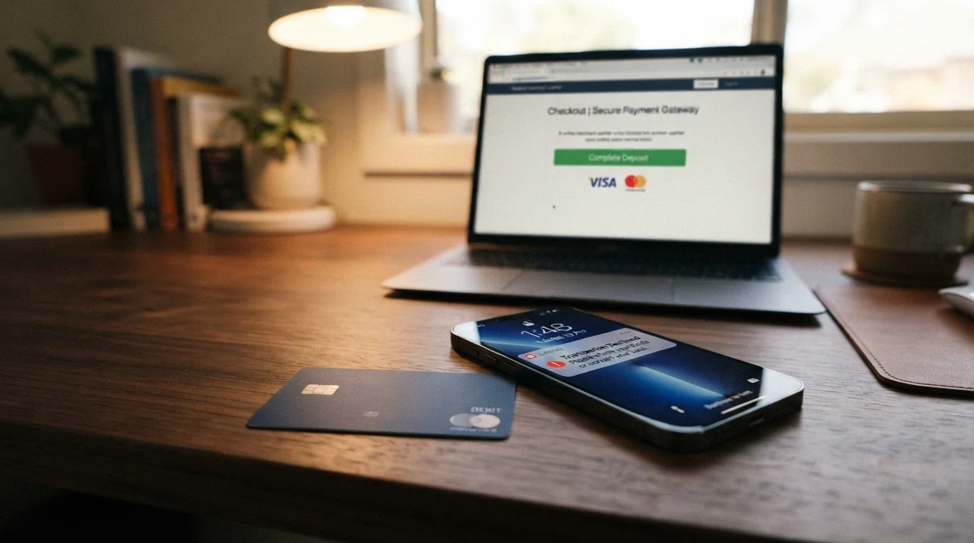A Visa card held against a smartphone showing a “transaction declined” notification from a banking app, with a casino website blurred in the background