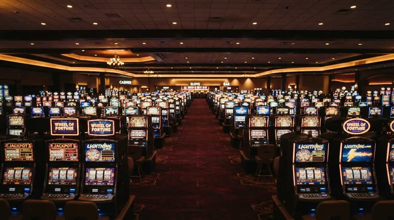 Rows of electronic gaming machines on the Crown Melbourne casino floor under warm ambient lighting