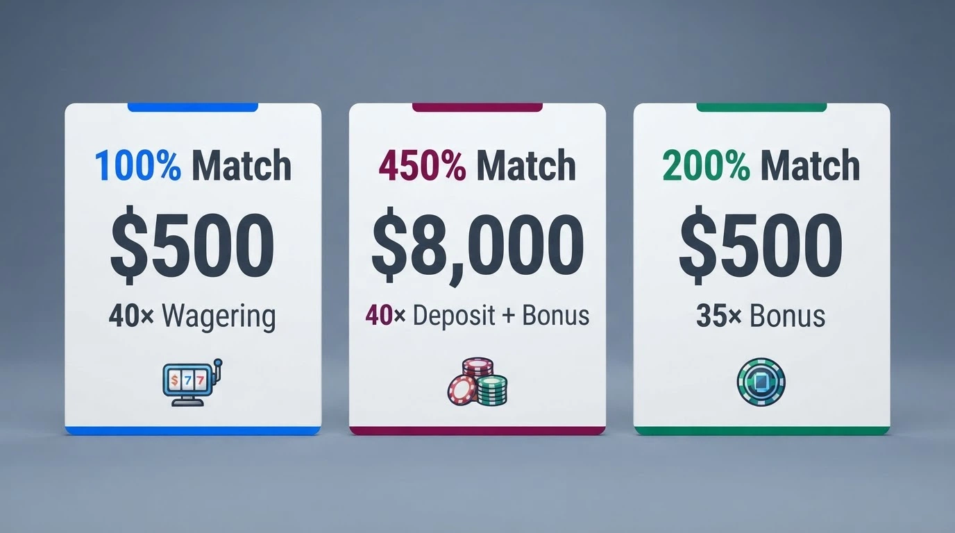A side-by-side visual comparison of casino welcome-bonus cards showing different match percentages, wagering multiples and free-spin counts