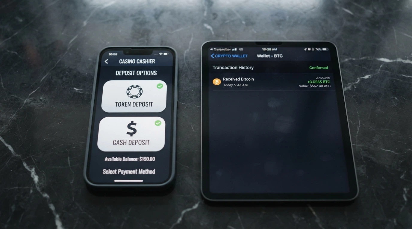 A cryptocurrency wallet interface next to a casino deposit screen showing BTC and USDT options with network confirmation status