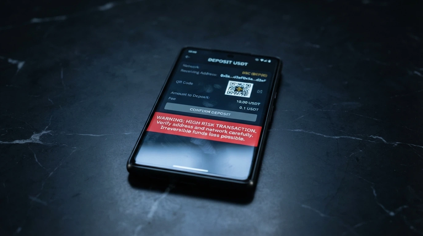 A smartphone showing a cryptocurrency deposit screen with a prominent warning overlay about the AU payment ban