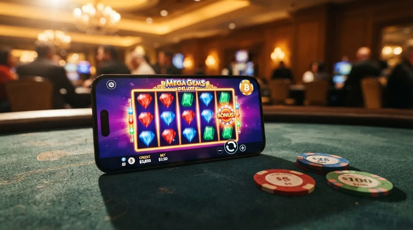 A collage of recognisable pokies title cards from Pragmatic Play, Evolution Gaming and Hacksaw Gaming, with cryptocurrency deposit values overlaid