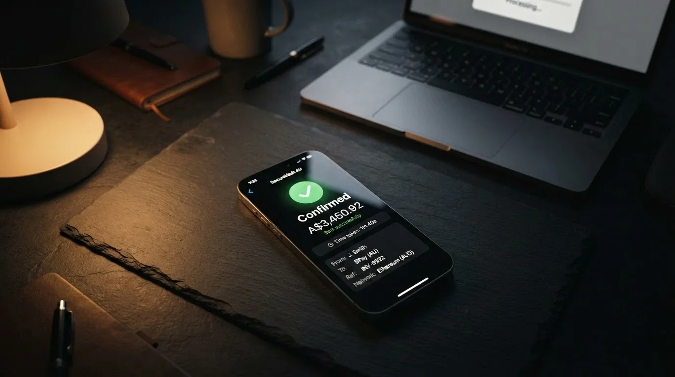 A cryptocurrency wallet app on a smartphone showing a USDT-TRC20 transaction confirmation with the transfer time displayed, a casino logo faintly reflected in the screen