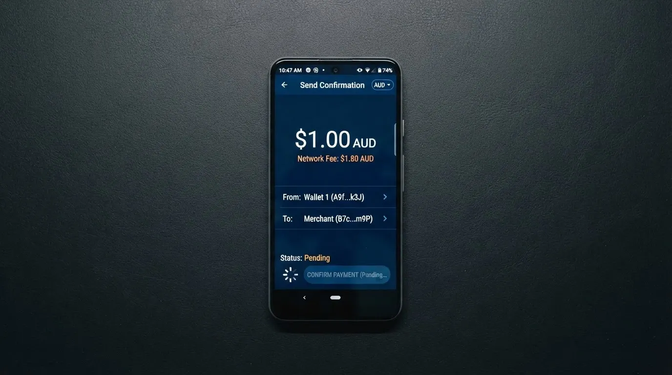 A cryptocurrency wallet interface showing a pending transaction of 0.00001 BTC with a network fee of A$1.80 displayed below the send amount of A$1.00