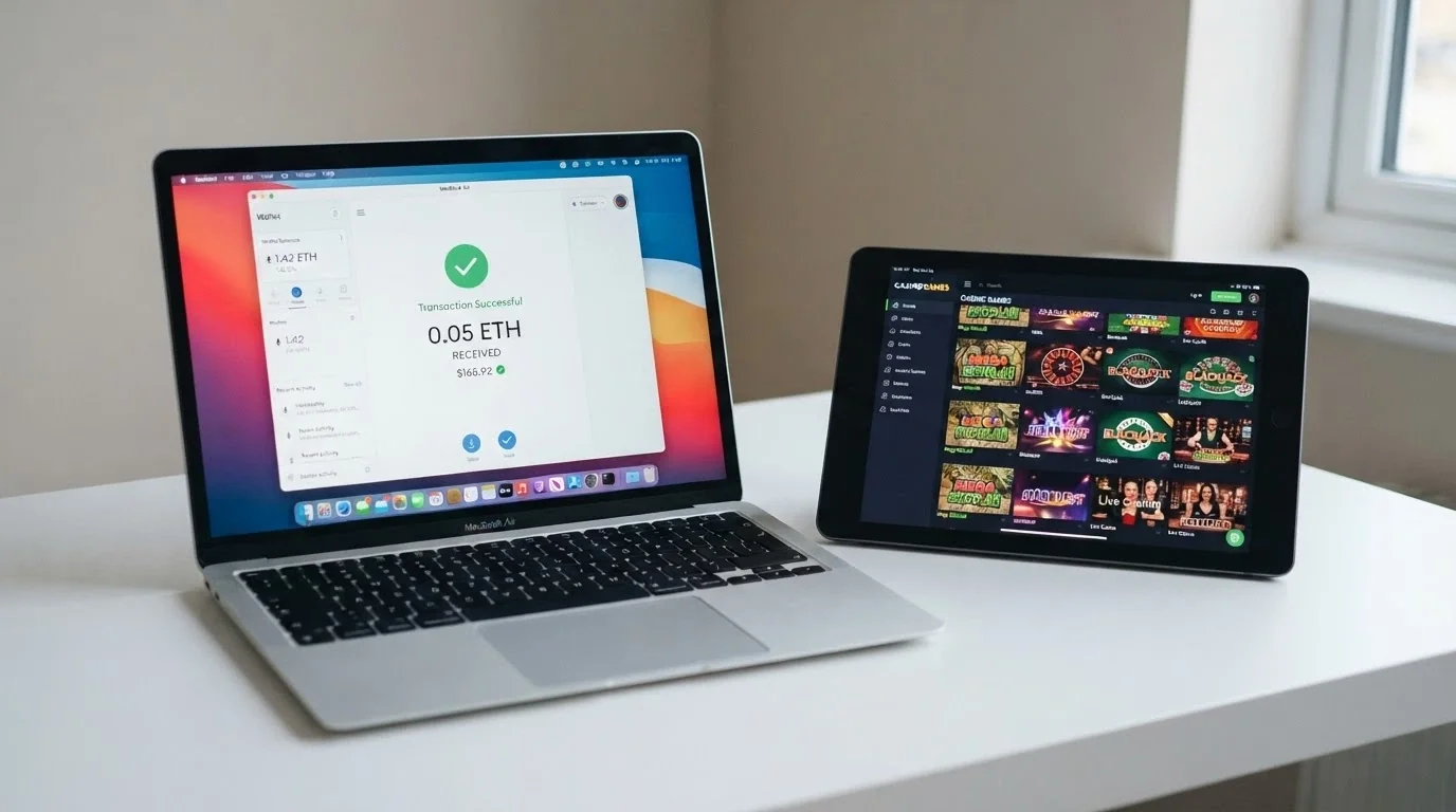 A laptop showing a bitcoin wallet interface with a transaction confirmation on screen next to a casino lobby