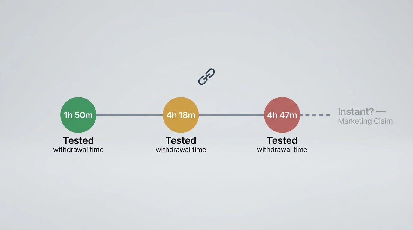 A timeline infographic comparing tested withdrawal speeds — Stake at 1h 50m, BitStarz at 4h 18m, Wild Fortune at 4h 47m — against the “instant withdrawal” marketing claim