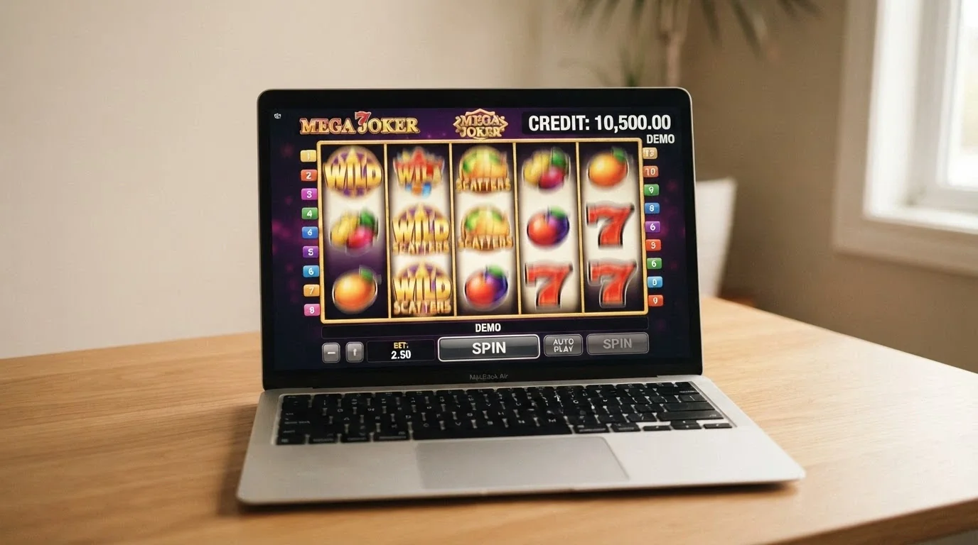 A browser-based 5-reel pokie running in demo mode with a virtual credit balance displayed in the corner