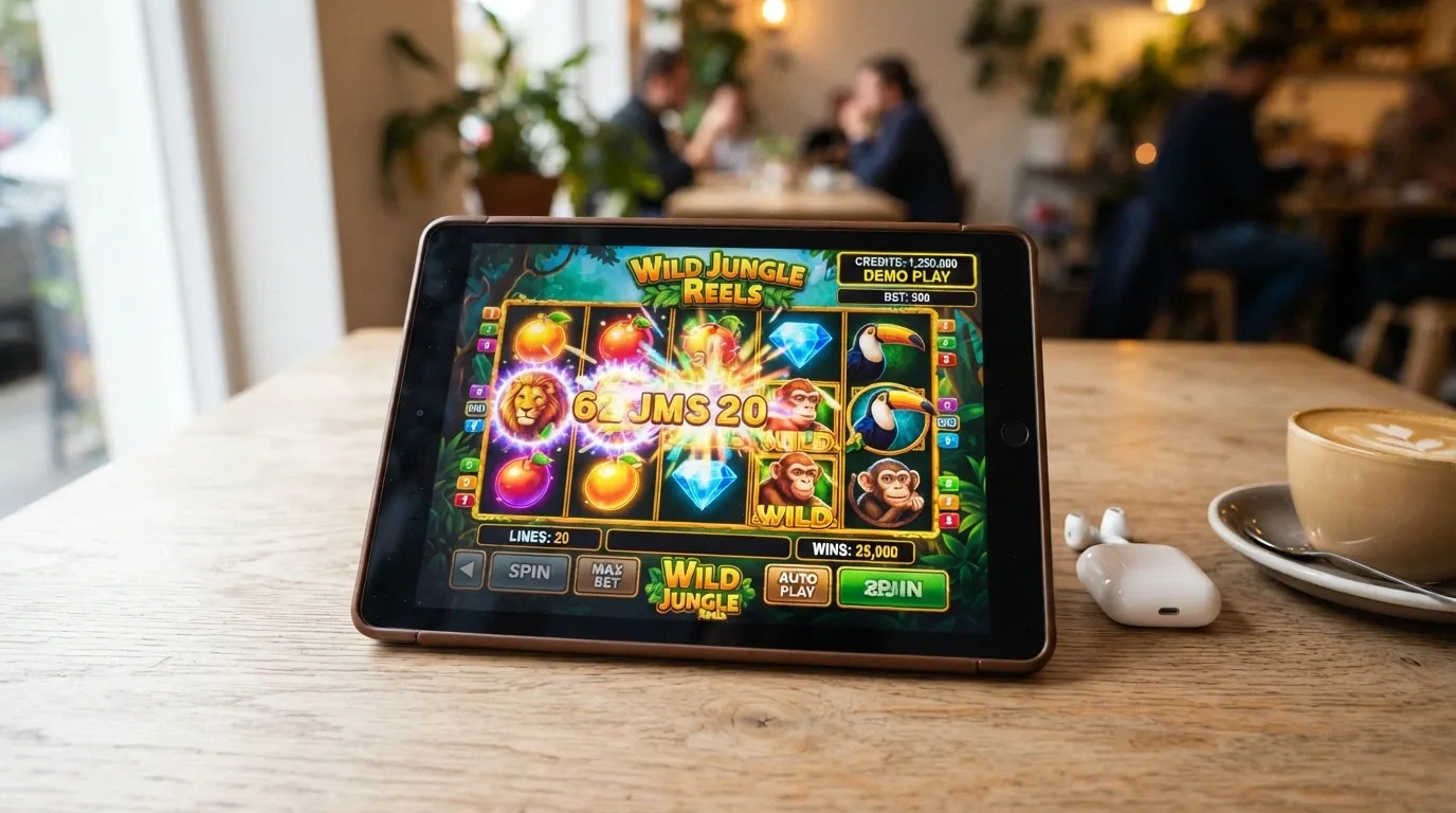 An online pokie game in demo mode with a play-money balance displayed instead of real dollars