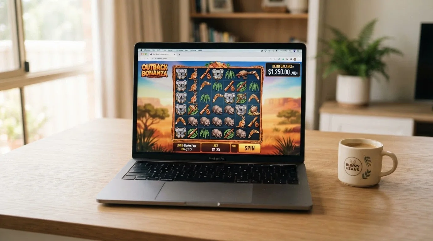 A browser window showing a 7-reel pokie in demo mode with a play-money balance visible, no login prompt on screen