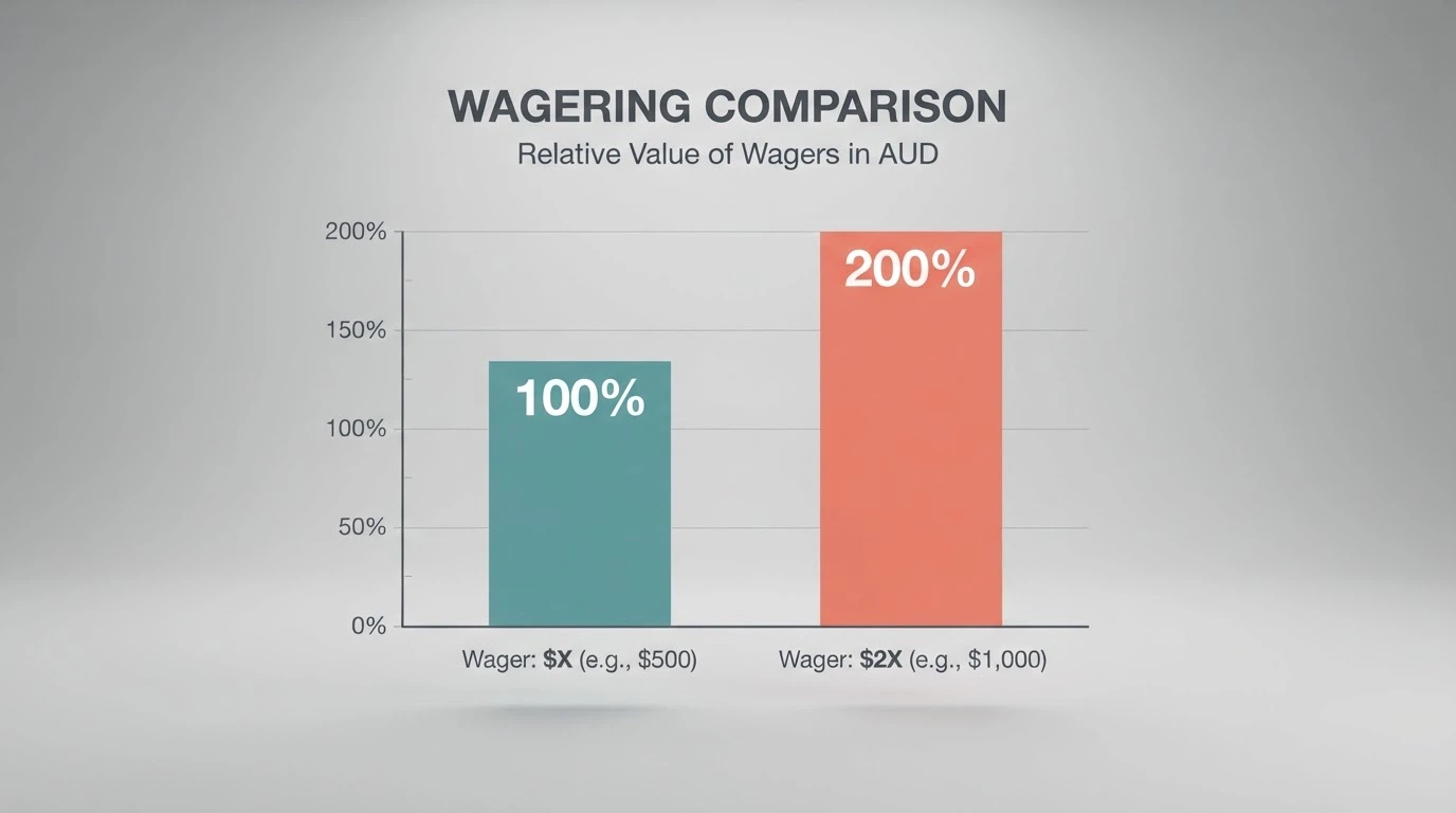 A visual scale showing a deposit amount being matched at 100% and 200%, with the wagering-multiple cost labelled beneath each tier