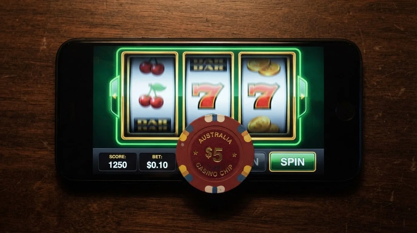 A single Australian one-dollar coin resting on a smartphone screen that shows a pokies reel on its first spin, with the bet display reading $0.10
