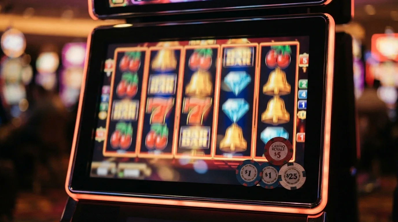 A close-up of colourful online pokies reels mid-spin with a small AU$1 coin stack visible in the corner of the screen