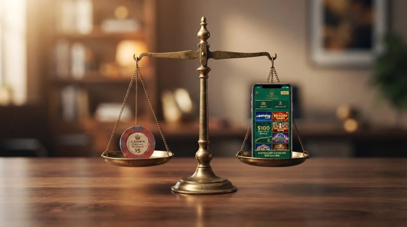 A set of balancing scales with a single Australian one-dollar coin on one side and a smartphone displaying a casino lobby on the other