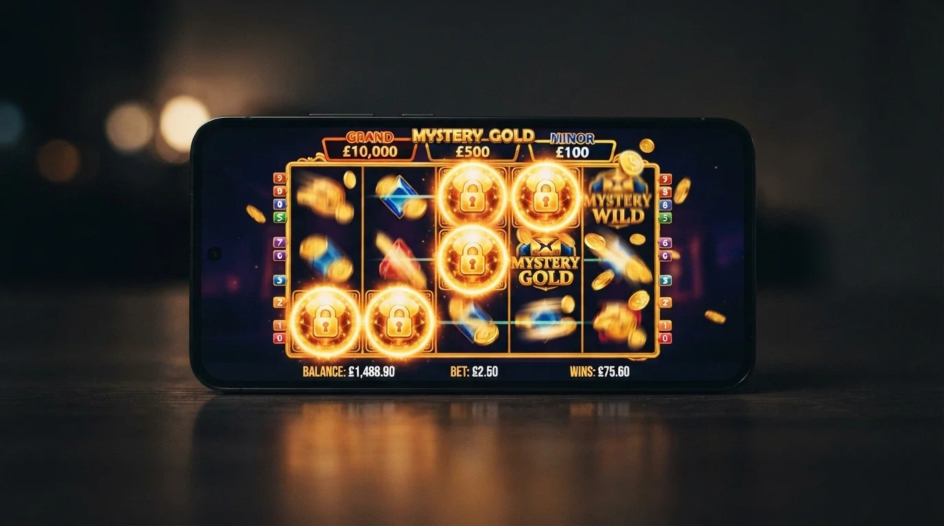 A smartphone displaying a Dragon Link pokie with the Hold & Spin feature active and gold orbs locked on the reels