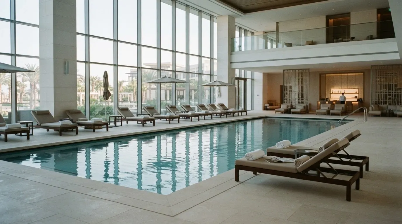The Eos by SkyCity hotel pool area, with lounge chairs arranged poolside, natural light and the five-star wellness aesthetic visible