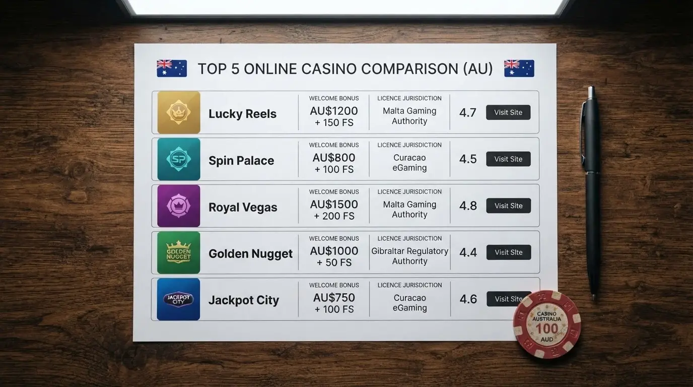 A grid of casino brand logos arranged above their welcome bonus figures and licence jurisdictions