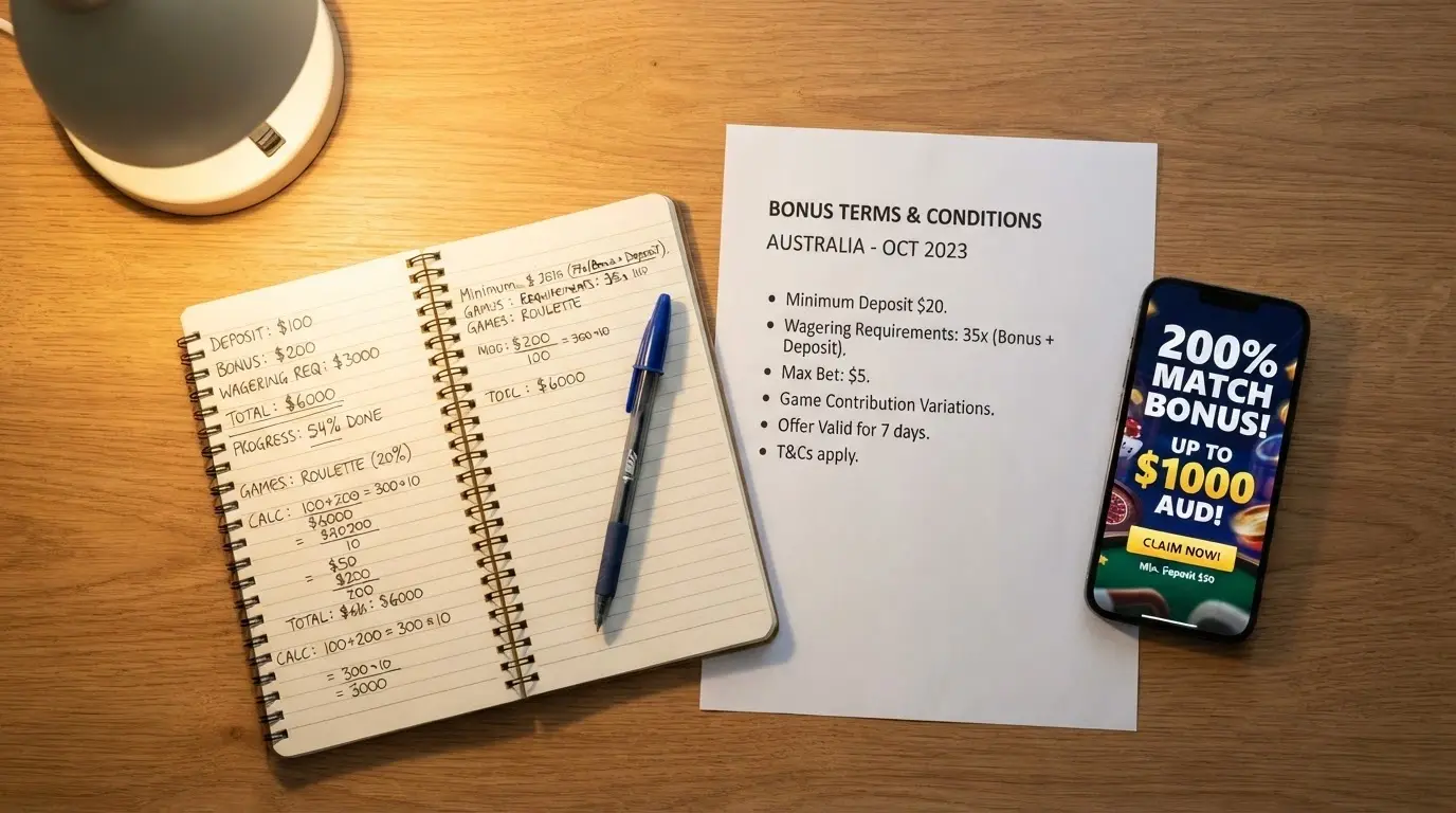 A calculator and a printed bonus-terms document beside a screen showing a 200% match offer