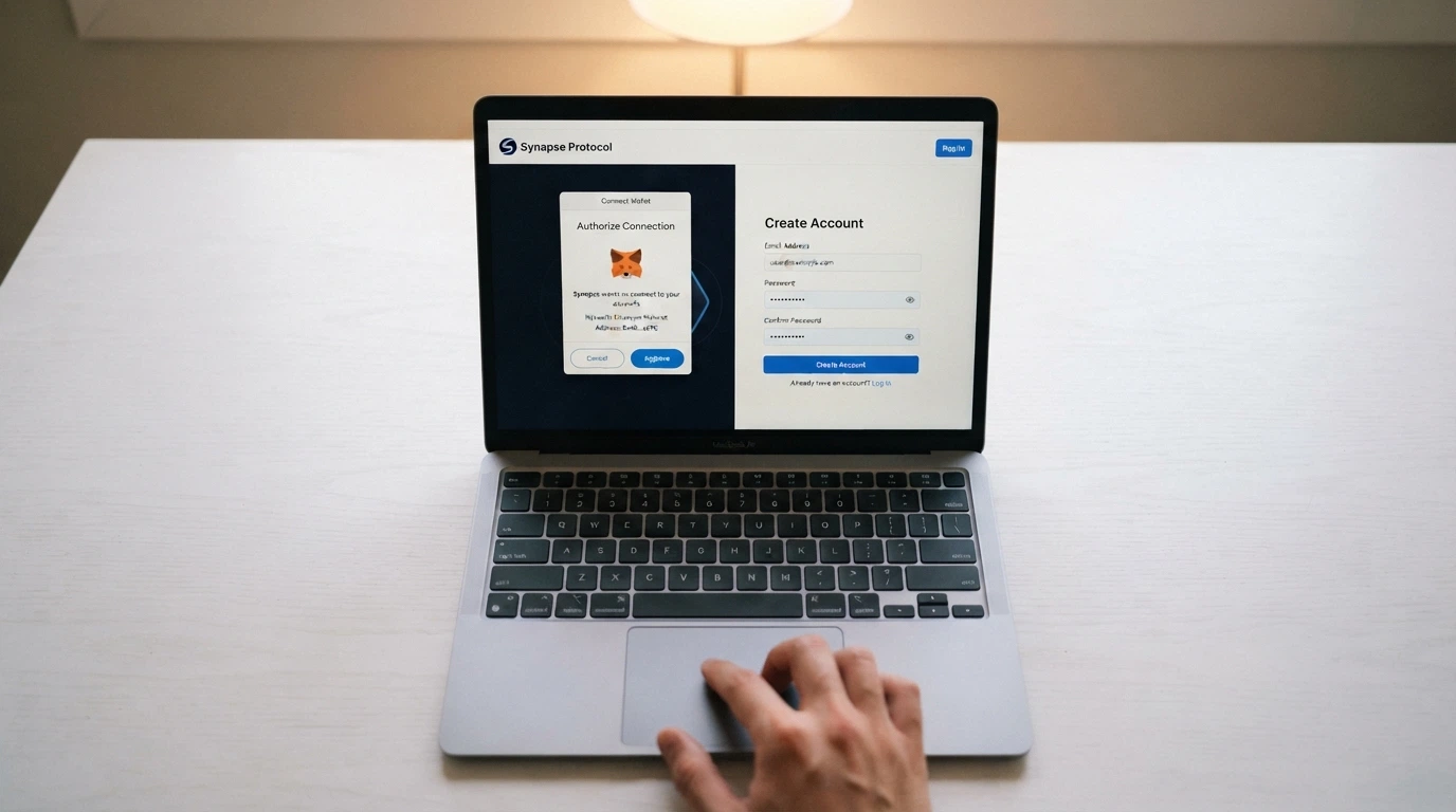 A laptop displaying a MetaMask wallet connection prompt beside an online casino registration form
