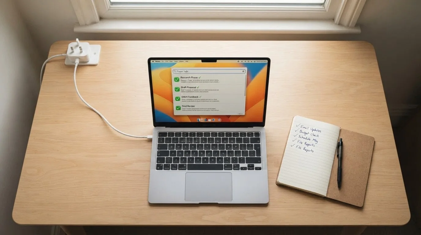 A desk with an open laptop showing a licence-register search page, a notepad with bonus-term checkmarks, and an Australian power plug visible