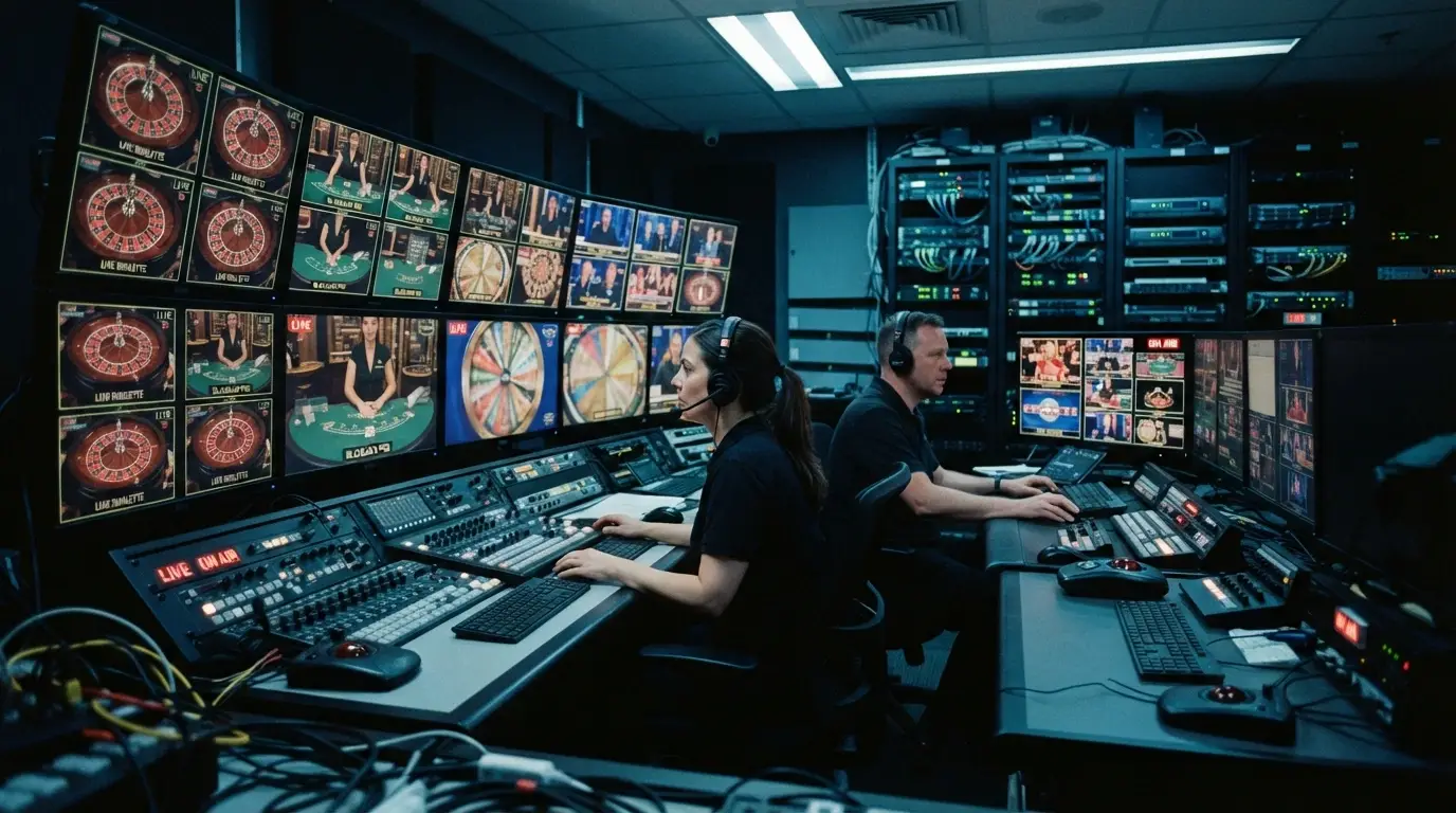 A view of an Evolution Gaming broadcast control room showing multiple monitor banks with live table feeds and production staff at workstations
