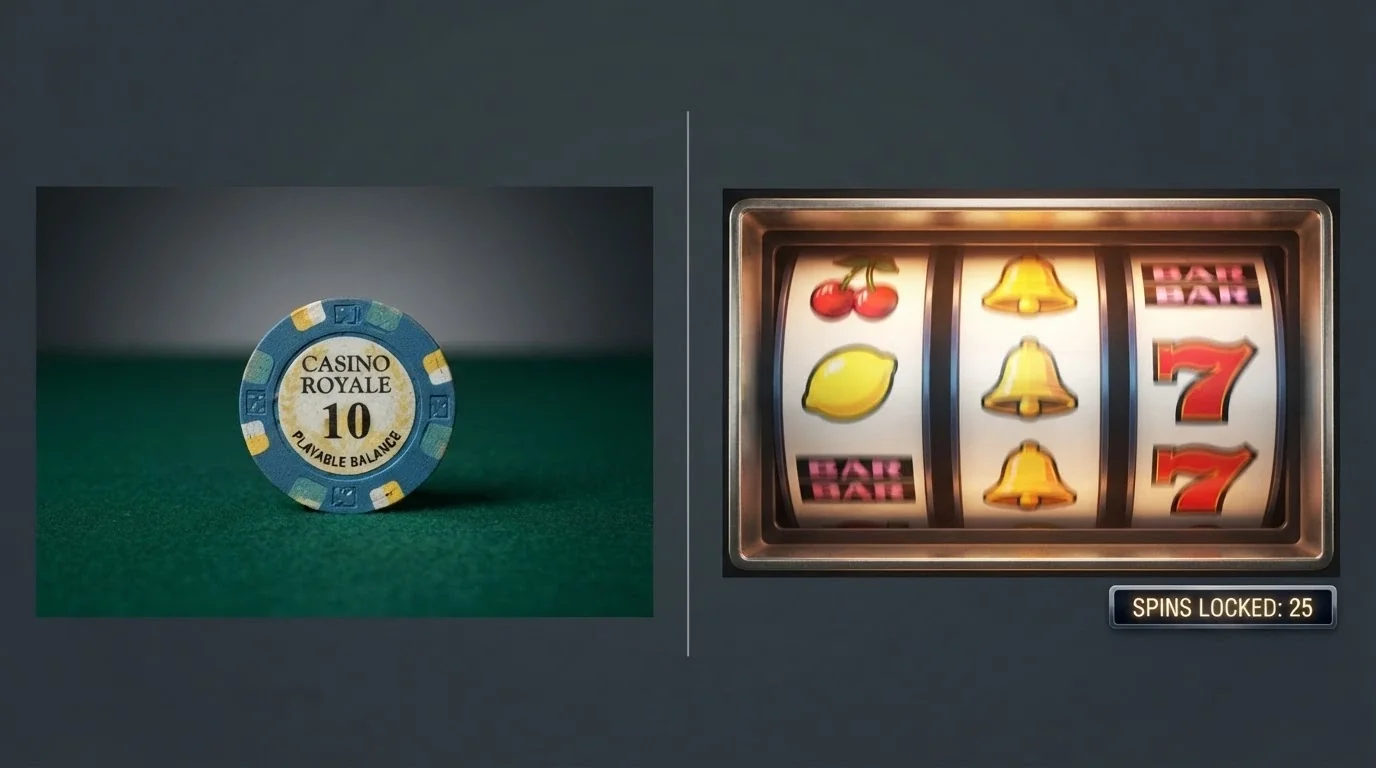 A split comparison showing a casino free-chip token on one side and a row of pokies with free-spin counters on the other