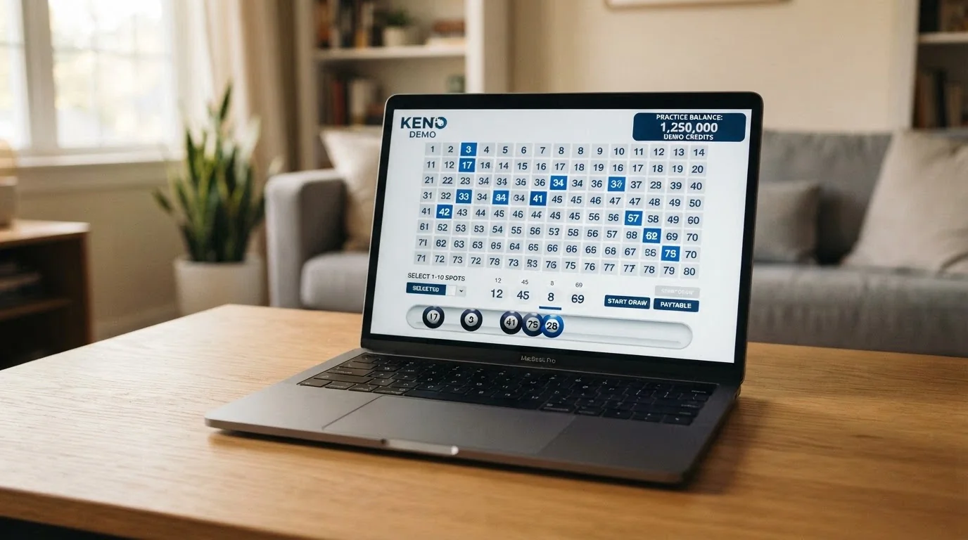 A demo-mode keno interface with a practice balance display, spot selections marked, and a draw-in-progress animation