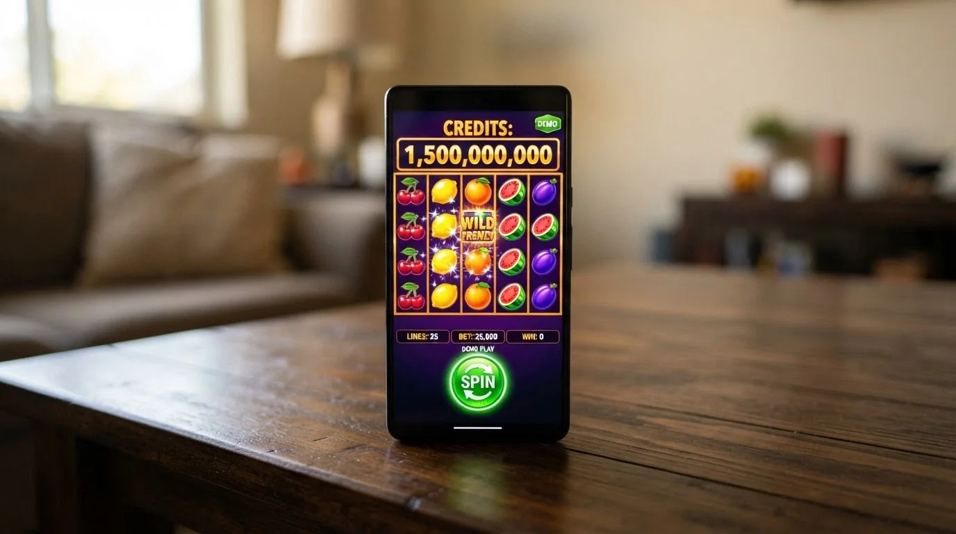 A pokies game screen showing a large virtual-credit balance labelled “Demo” or “Play for Fun” with the spin button highlighted