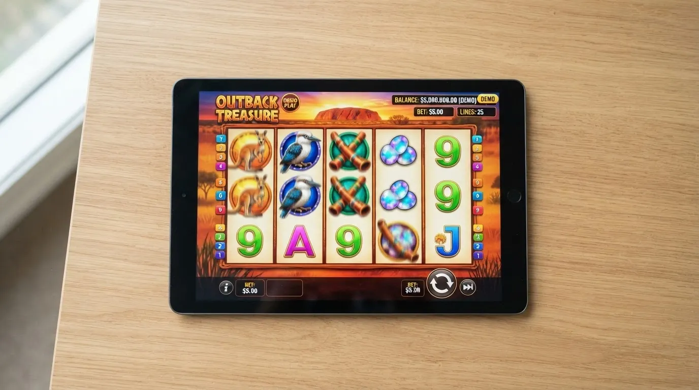 An iPad screen showing a pokie game in demo mode with a play-money balance displayed, no deposit prompt visible