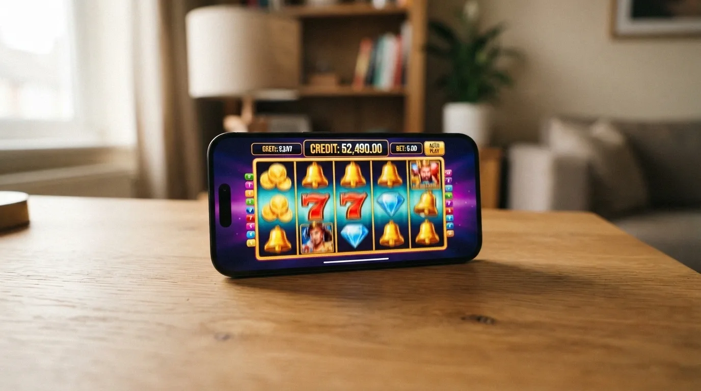 A smartphone displaying an Aristocrat pokie game in demo mode, with a virtual-credit balance clearly marked as play money