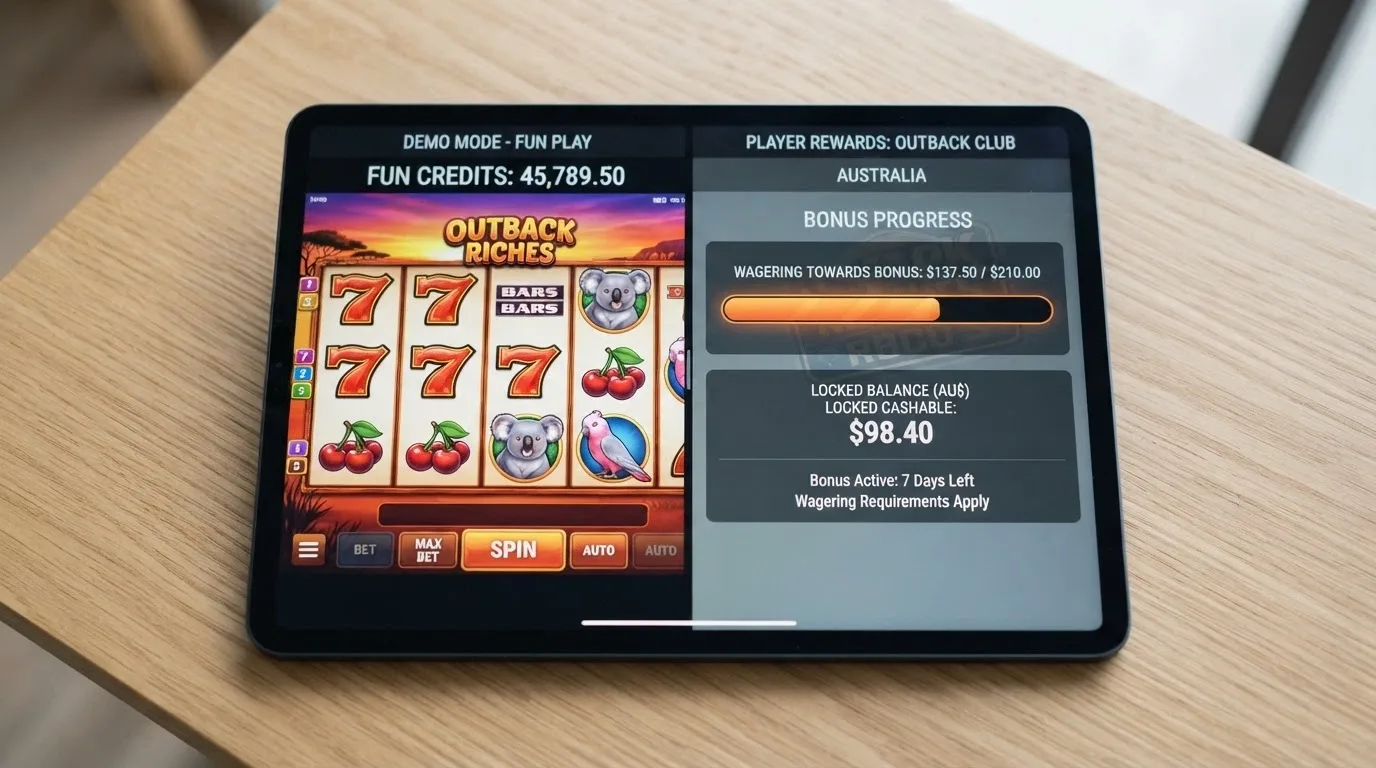A split-screen view: on one side a pokies game in demo mode with a “FUN CREDITS” balance clearly marked, on the other a no-deposit bonus screen showing wagering progress and a locked cashable balance
