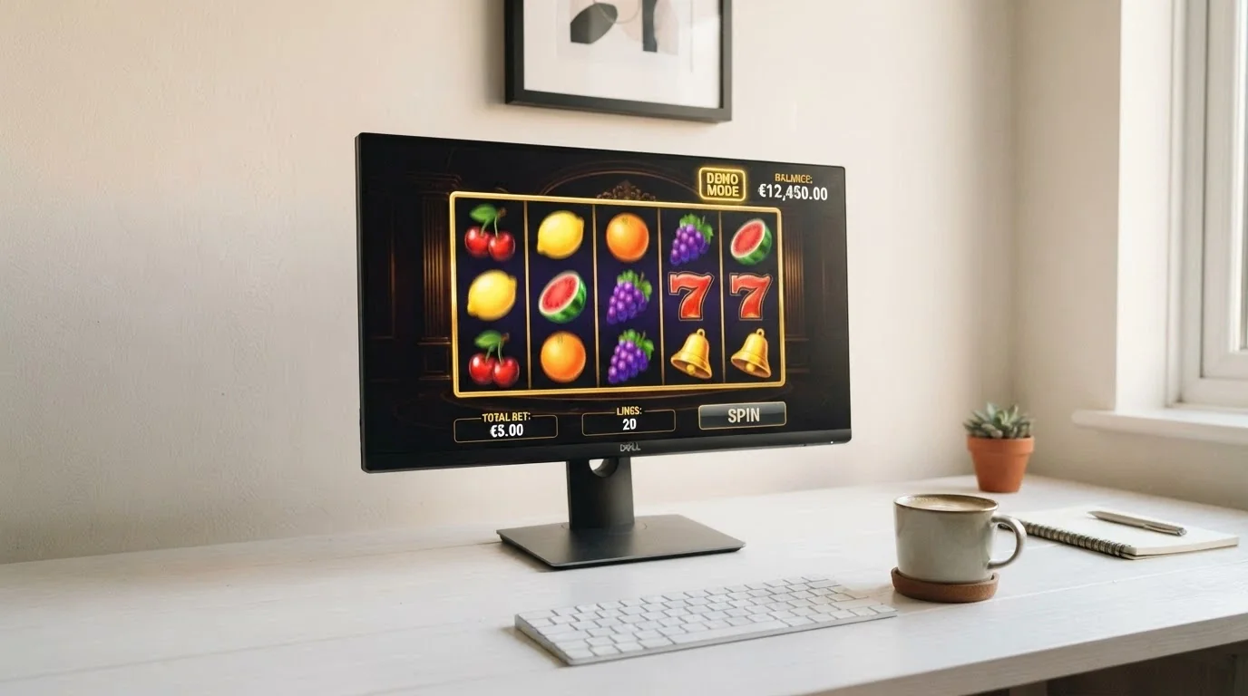 A desktop browser window showing a pokie game in demo-play mode with a play-money balance visible in the corner