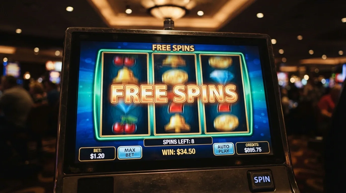 Close-up of brightly-lit online pokies reels mid-spin, with “Free Spins” text glowing on the game interface