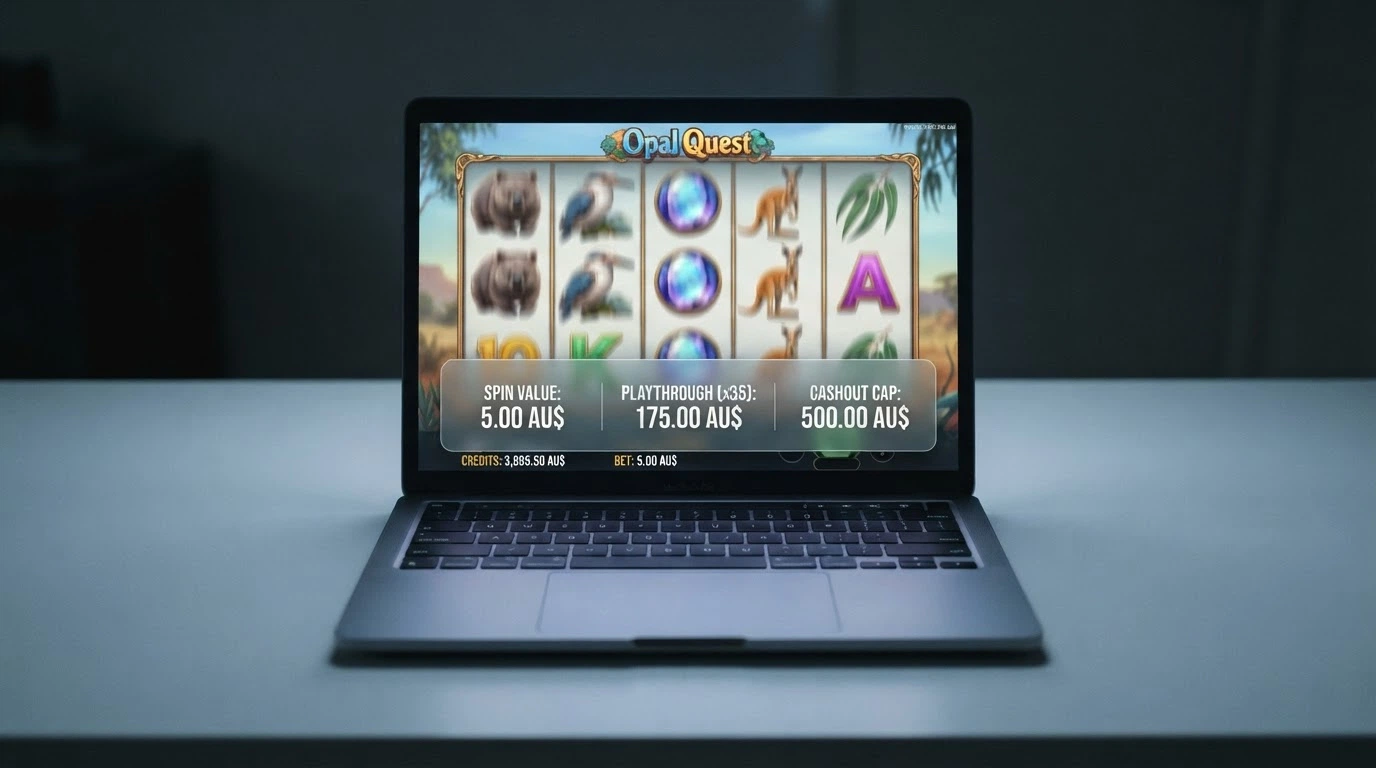 A pokies reel set against a translucent overlay showing spin value, playthrough multiplier and cashout cap figures