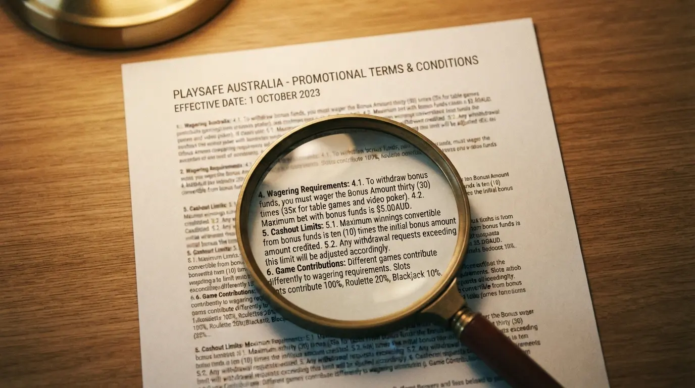 A close-up of a bonus terms and conditions document with a magnifying glass highlighting the words “wagering requirement” and “maximum cashout” in fine print.