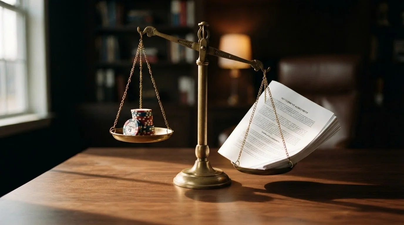 A set of brass scales with a pile of free-spin tokens on one side and a thick terms-and-conditions document outweighing them on the other
