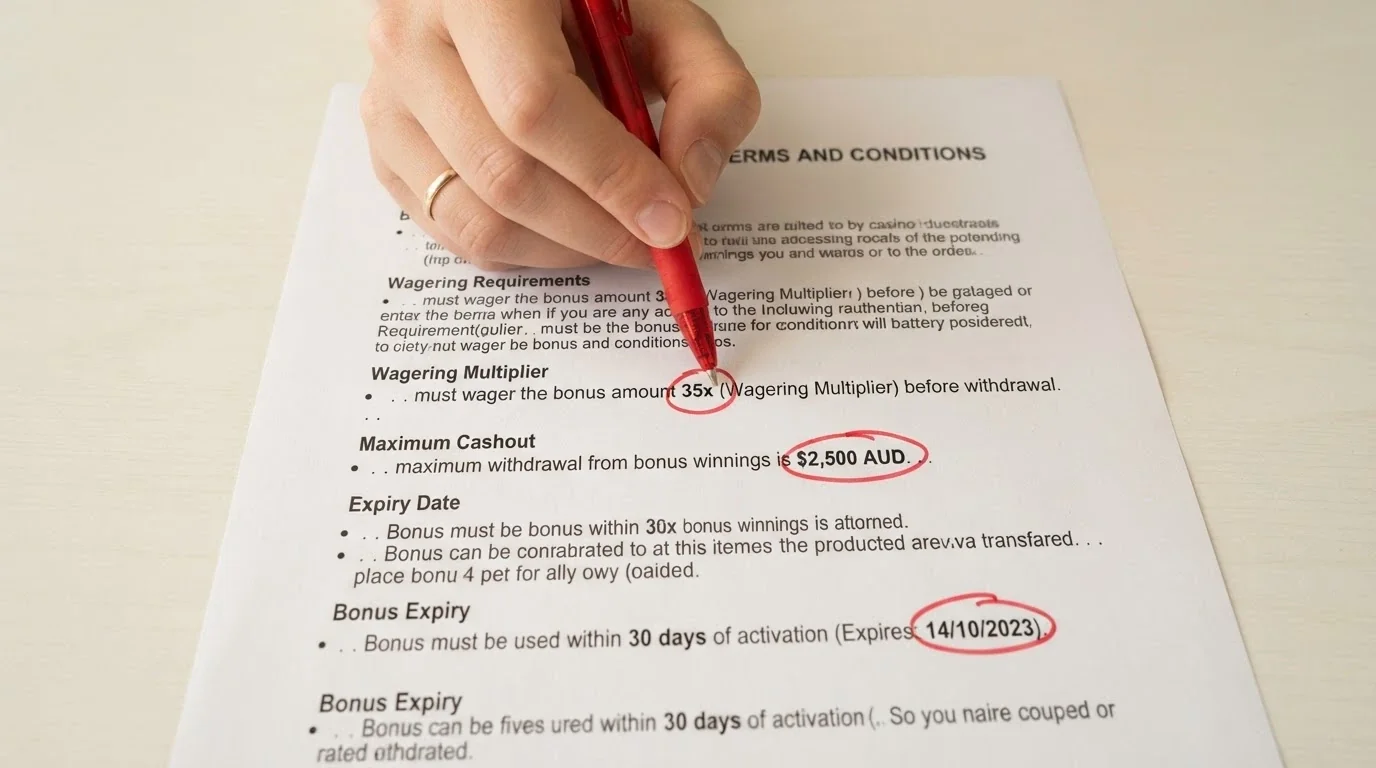 A close-up of casino bonus terms and conditions with wagering requirement figures, max cashout caps and expiry dates highlighted
