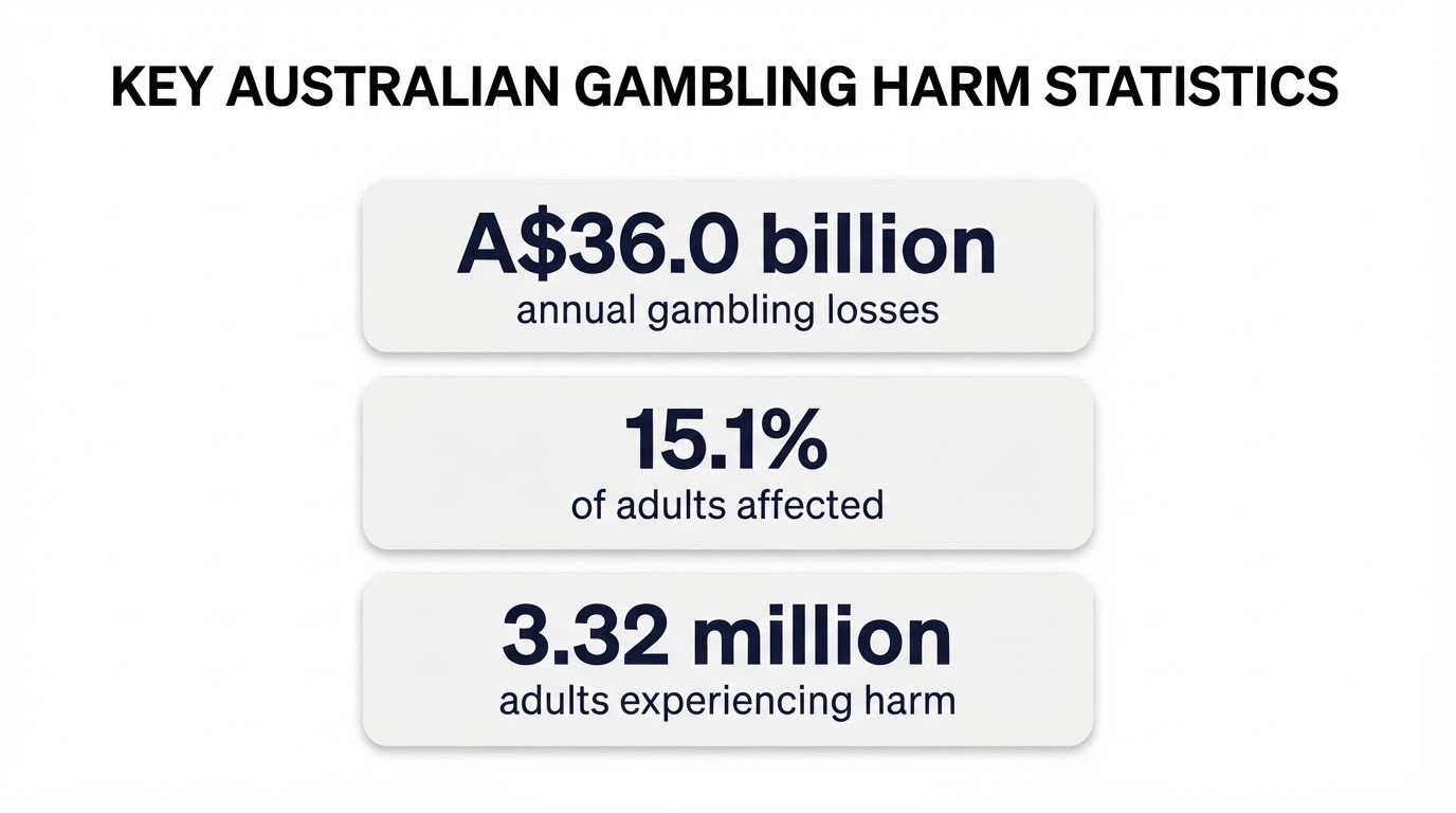An infographic showing key Australian gambling harm figures: A$36.0 billion in losses, 15.1% of adults affected