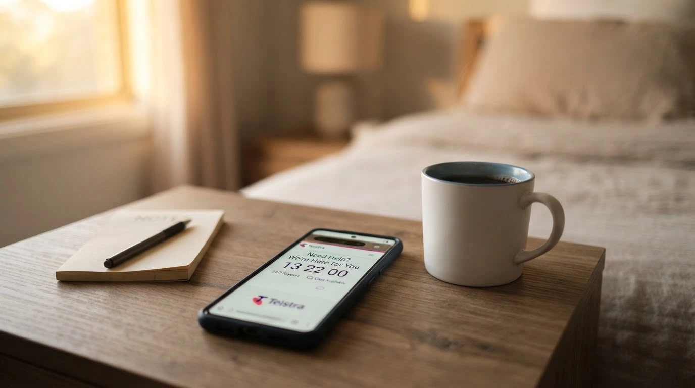 A close-up of a phone screen showing the Gambling Help Online homepage with the helpline number 1800 858 858 prominently displayed, next to a cup of coffee on a quiet desk