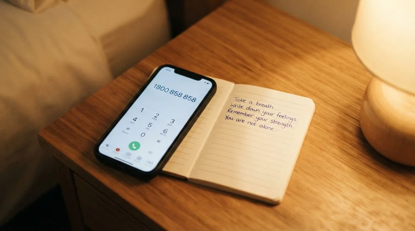 A close-up of a phone dialling screen showing 1800 858 858 beside a notebook with handwritten support notes, warm tone