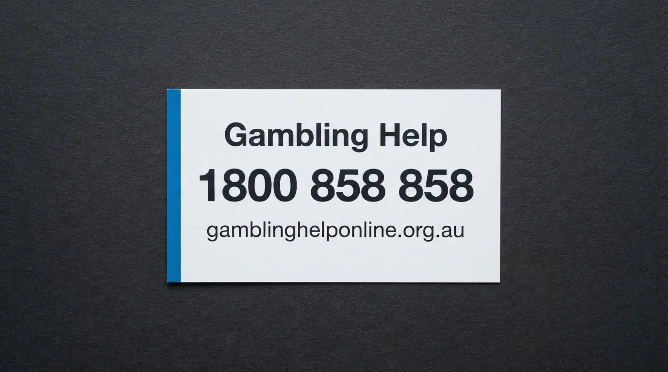 A helpline card showing 1800 858 858 and the Gambling Help Online URL, clean and legible against a dark background