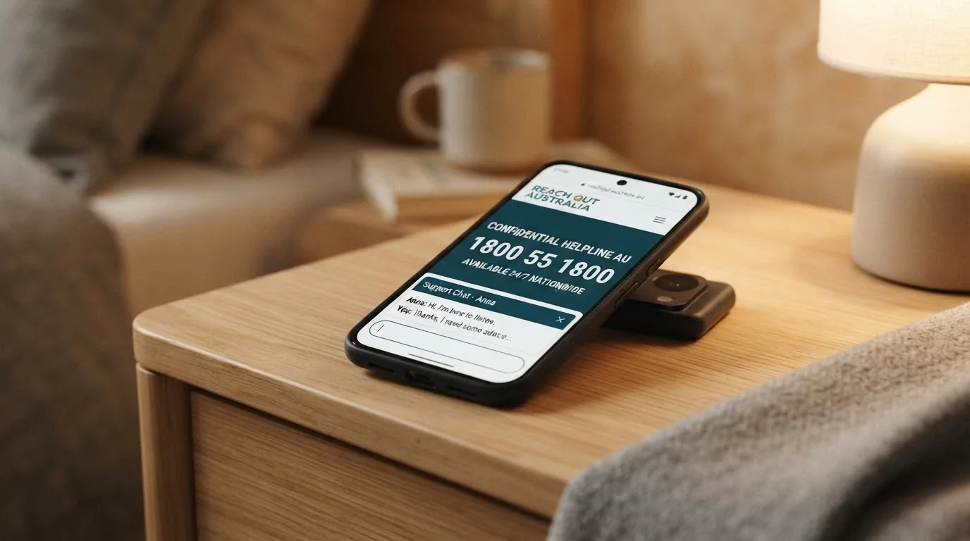 A smartphone showing the Gambling Help Online homepage with the 1800 858 858 number prominent and a chat window open