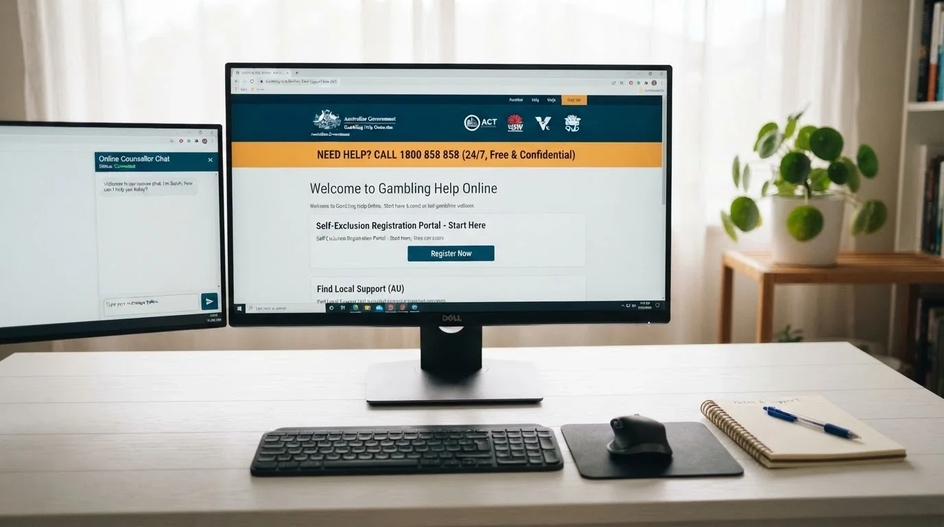 A clean desktop view of the BetStop.gov.au homepage beside a Gambling Help Online chat window, with the National Gambling Helpline number 1800 858 858 prominent