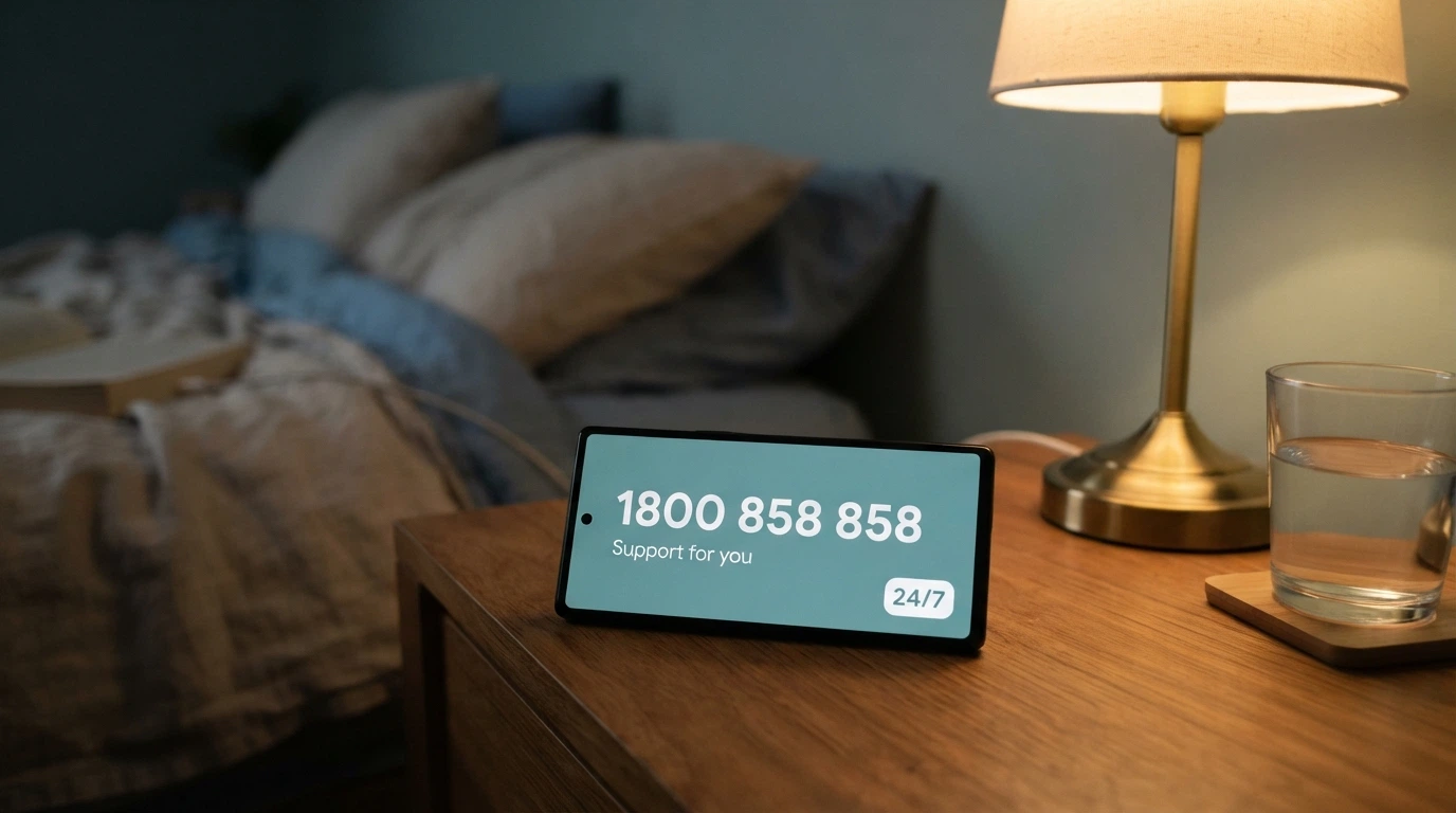 A phone screen showing the National Gambling Helpline 1800 858 858 number with the 24/7 badge