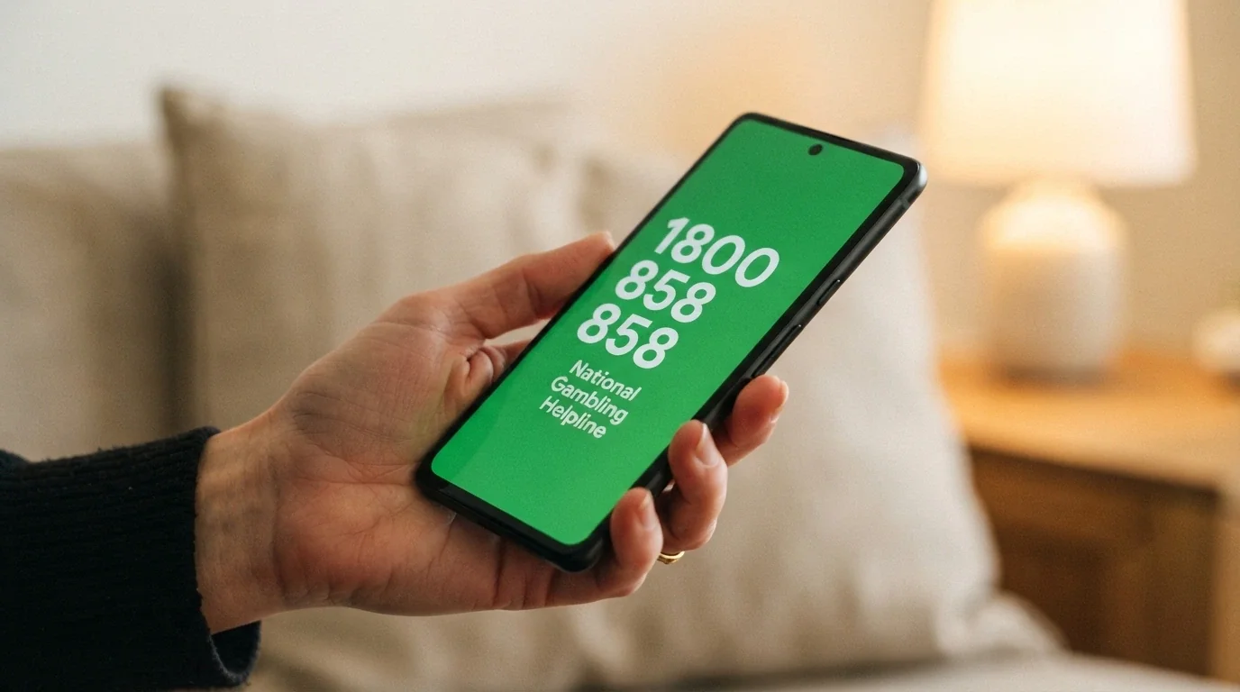 A phone screen displaying “1800 858 858” in large white text on a green background with the words “National Gambling Helpline — free, confidential, 24/7” beneath.