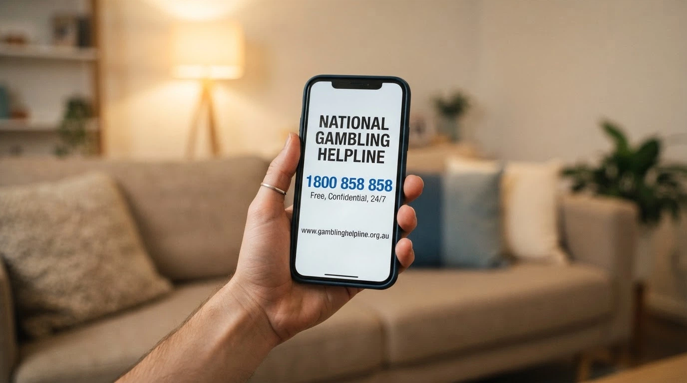 A person's hand holding a smartphone whose screen displays “1800 858 858 — National Gambling Helpline — Free, Confidential, 24/7” with the Gambling Help Online logo and web address below it