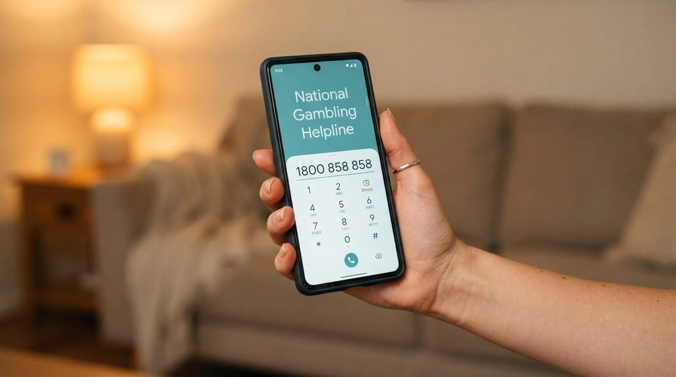 A close-up of a smartphone keypad with 1800 858 858 being dialled, the words National Gambling Helpline legible on the screen