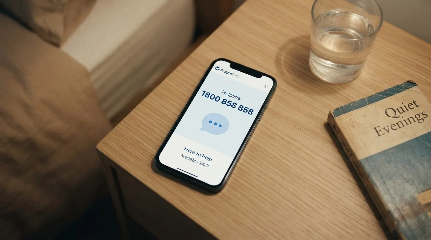 A smartphone displaying the Gambling Help Online homepage with the 1800 858 858 number prominently visible